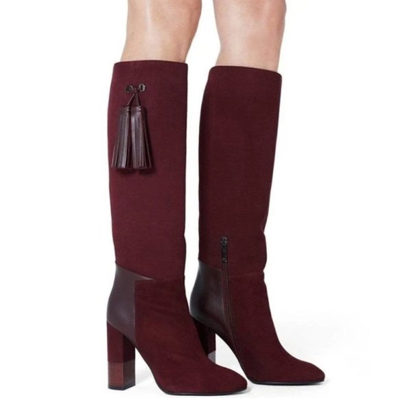 Aquatalia Evelina Oxblood Suede/Leather Weatherproof Heeled Tall Boots Size 7